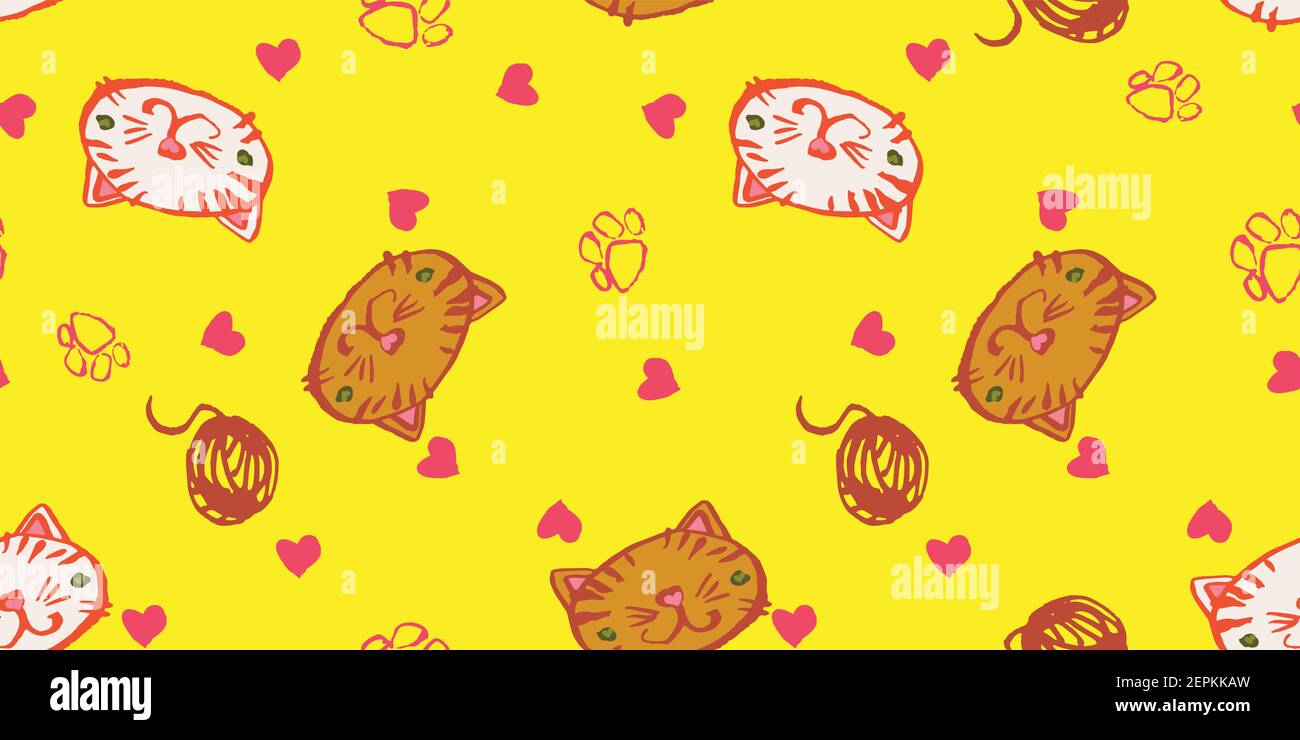 cute cats seamless vector pattern on yellow Stock Vector