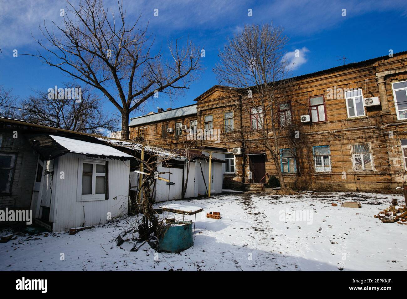 Old houses on low-rise street in old poverty part of Rostov-on-Don city in Russia. Stock Photo