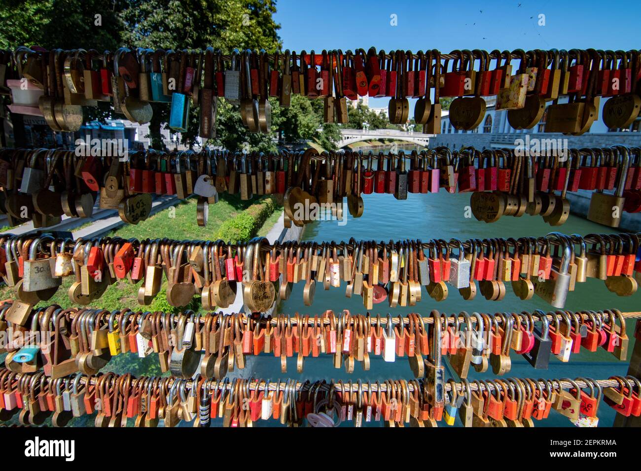 Love padlocks detail on Butcher's bridge in Ljubljana, Slovenia Stock Photo