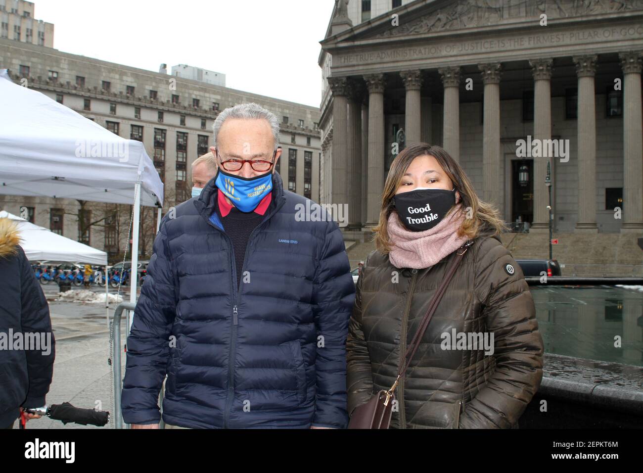 February 27, 2021, New York, New York, USA: NEW YORK - Rise up Against Asian Hate Rally held at Foley Square in Manhattan..Politicians and victims speak out against Asian Hate Crimes which have been on the rise in New York City. N.Y. Congresswoman Grace Meng with Senate Majority Leader Chuck Schumer (Credit Image: © Bruce Cotler/ZUMA Wire) Stock Photo