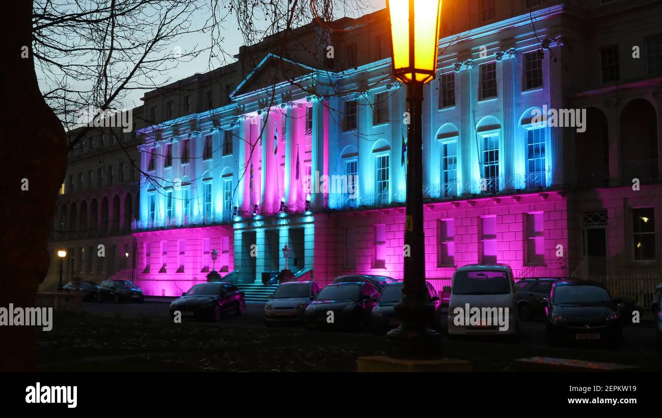 Queens Hotel during Light Up Cheltenham Festival, Luxury Accommodation in Regency Spa Town in Gloucestershire, United Kingdom Stock Photo