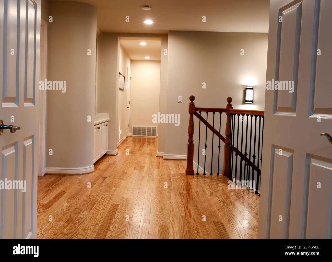 Newly installed red oak hardwood floors in home Stock Photo