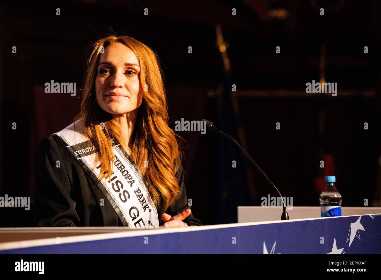 Rust, Germany. 27th Feb, 2021. Anja Kallenbach, Miss Germany 2021 sits on the podium during a press conference after her election. 16 candidates from all federal states faced the predominantly female jury for the election of Miss Germany 2021. The motto was #EmpoweringAuthenticWomen. According to the organizers, the competition should no longer be primarily about beauty, but about the ability to motivate others and send an individual message. Credit: Philipp von Ditfurth/dpa/Alamy Live News Stock Photo