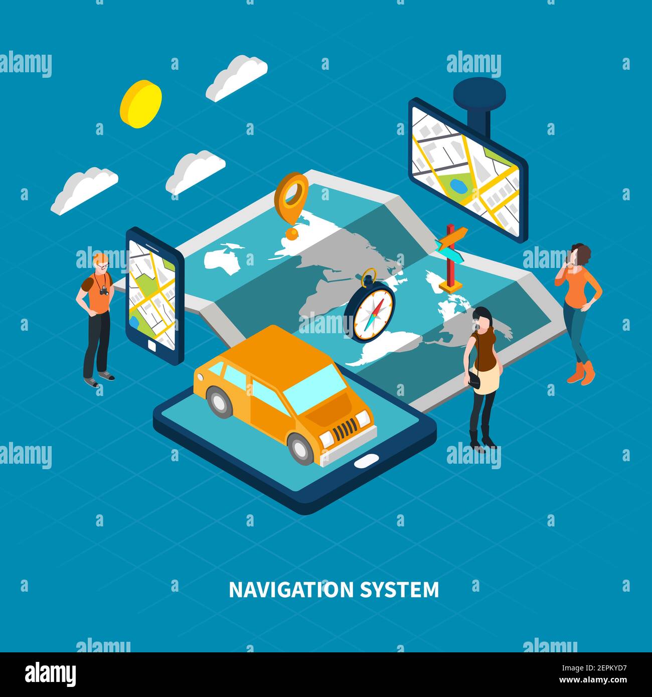 Navigation system with map and people symbols on blue background