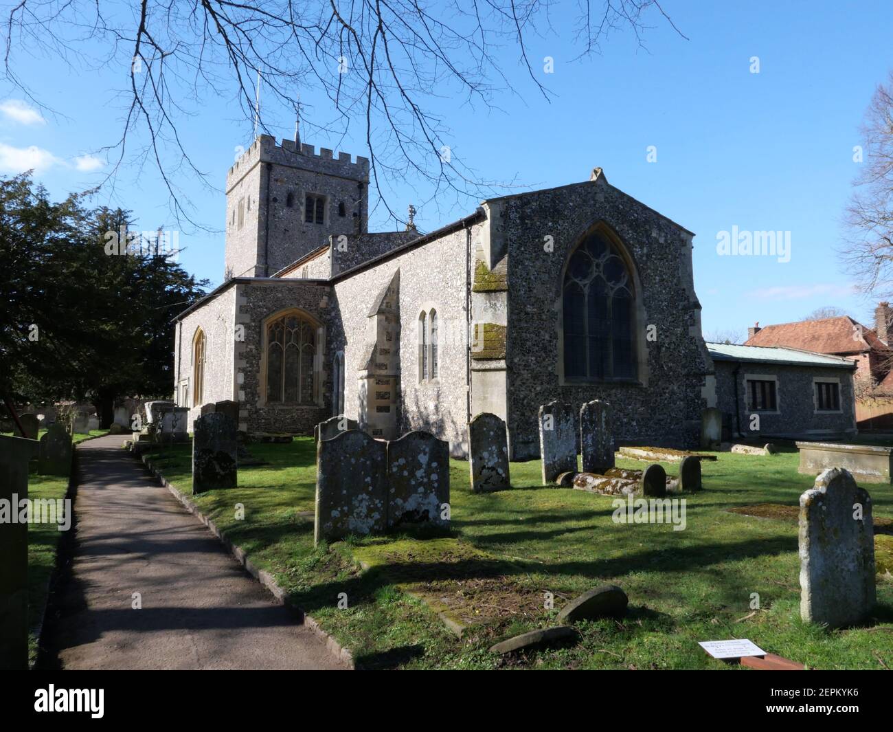 There was a church here in 1086 when the Domesday survey was made but nothing is known about it. In 1141 Alice, widow of Aubrey de Vere who was killed in a riot in London, sought refuge in the Augustinian priory of St Osyth near Clacton, where her son William was a canon. In gratitude to the prior for providing her with sanctuary she gave it land at Denham which she had inherited as a portion of her marriage dowry. From this time until the dissolution of the priory by Henry VIII in 1539, Denham church belonged to St Osyth’s and was served by a chaplain from there. Stock Photo