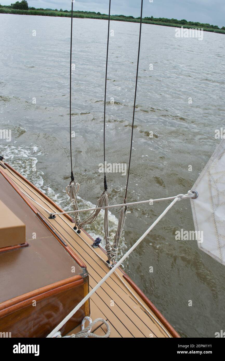 Detail of the shrouds (side stays) on a sailing yacht, moving at speed on a lake. Jib sheets and cabin top in the foreground; lake shore and waves Stock Photo