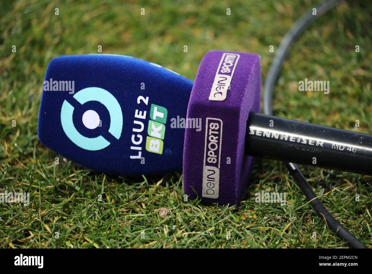 Microphone french tv Bein sports during the French championship Ligue 2  football match between USL Dunkerque and FC Chambly on February 27, 2021 at  Marcel Tribut stadium in Dunkerque, France - Photo