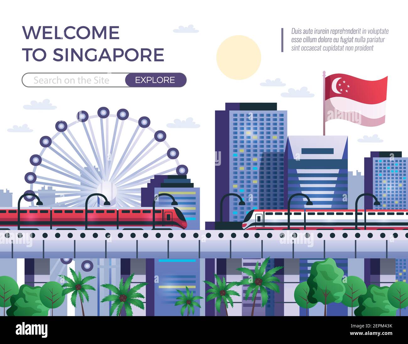 Welcome to singapore flat vector illustration representing attractions of modernized country to explore and travel Stock Vector