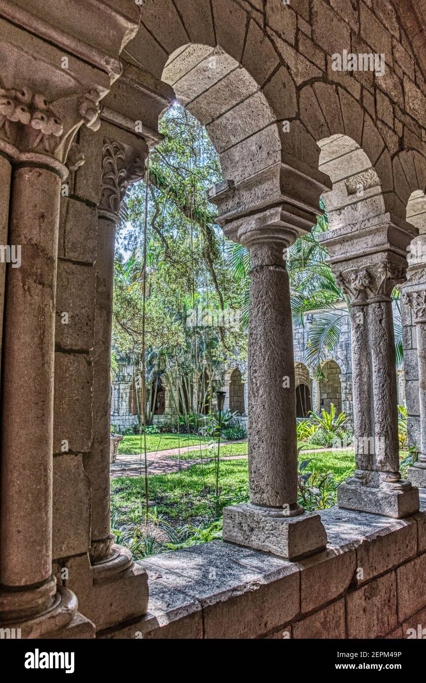 The cloisters of the 12th century Ancient Spanish Monastery of St. Bernard de Clairvaux relocated to North Miami, Florida. Stock Photo