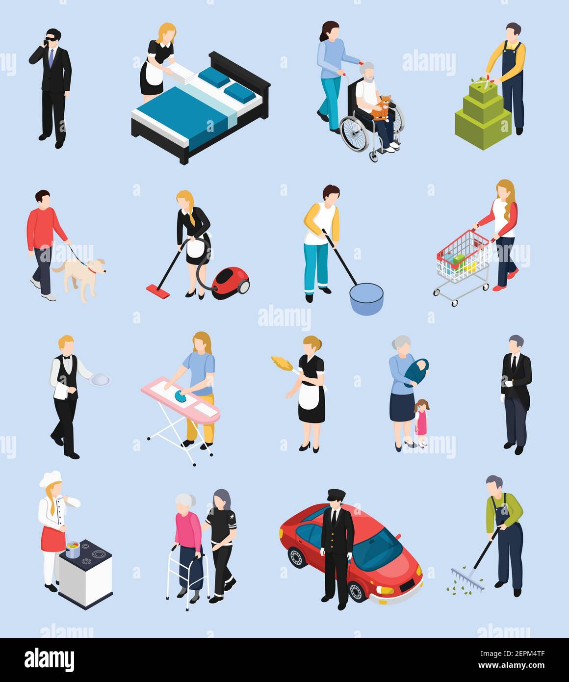 Home staff isometric icons set of personal driver gardner chef assistant to care for disabled and elderly isolated characters vector illustration Stock Vector