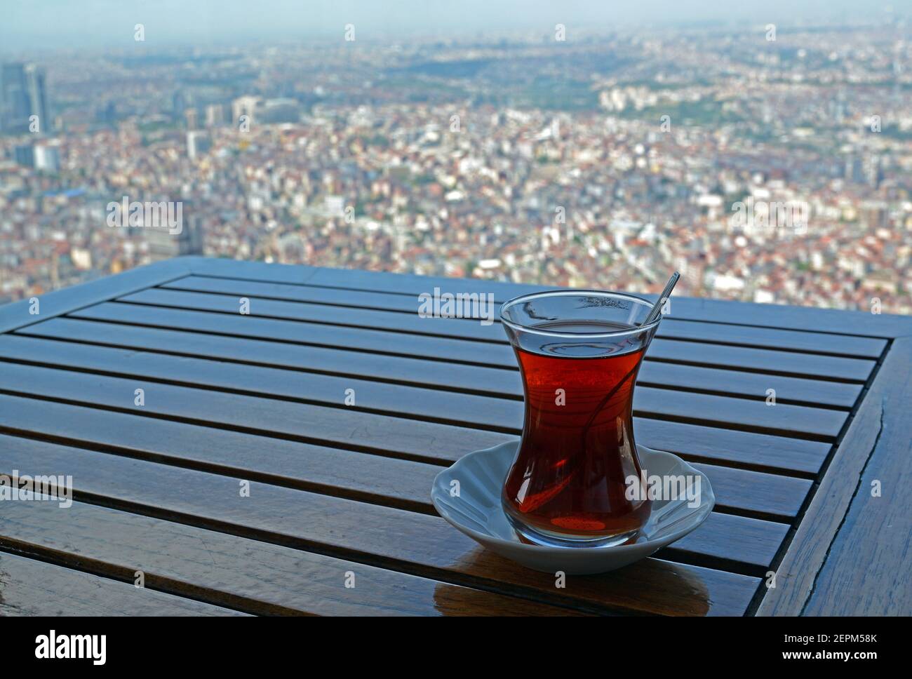 Turkish tea with a spectacular view. Looking over the whole city from the Istanbul Sapphire. Stock Photo