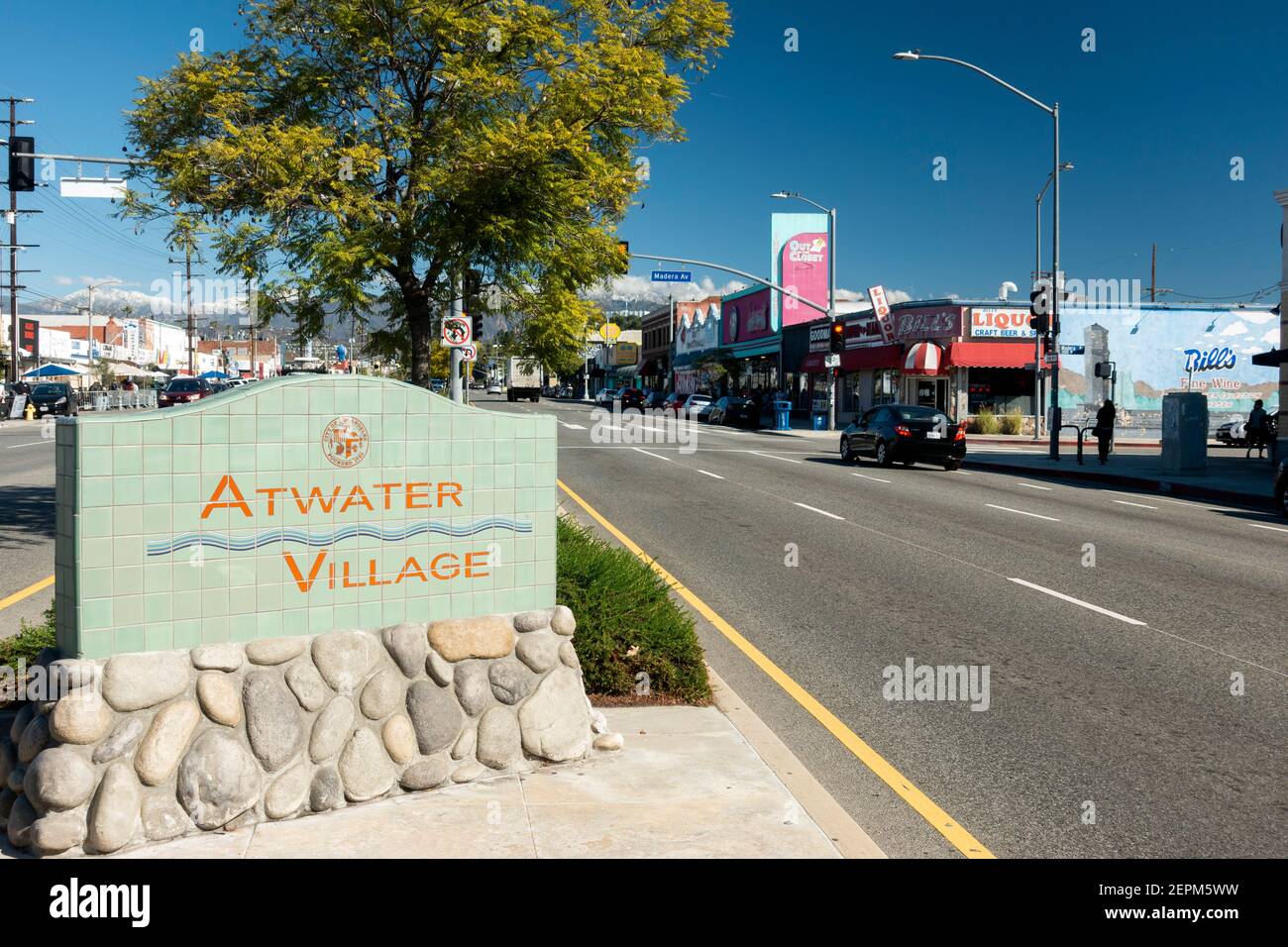 View looking along Glendale Boulevard at the sign for Atwater Village, in Los Angeles