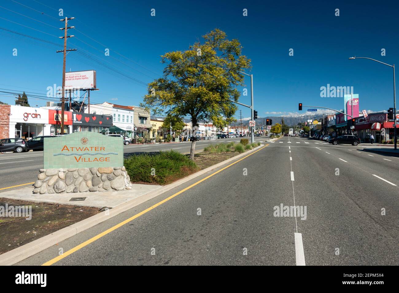 View looking along Glendale Boulevard at the sign for Atwater Village