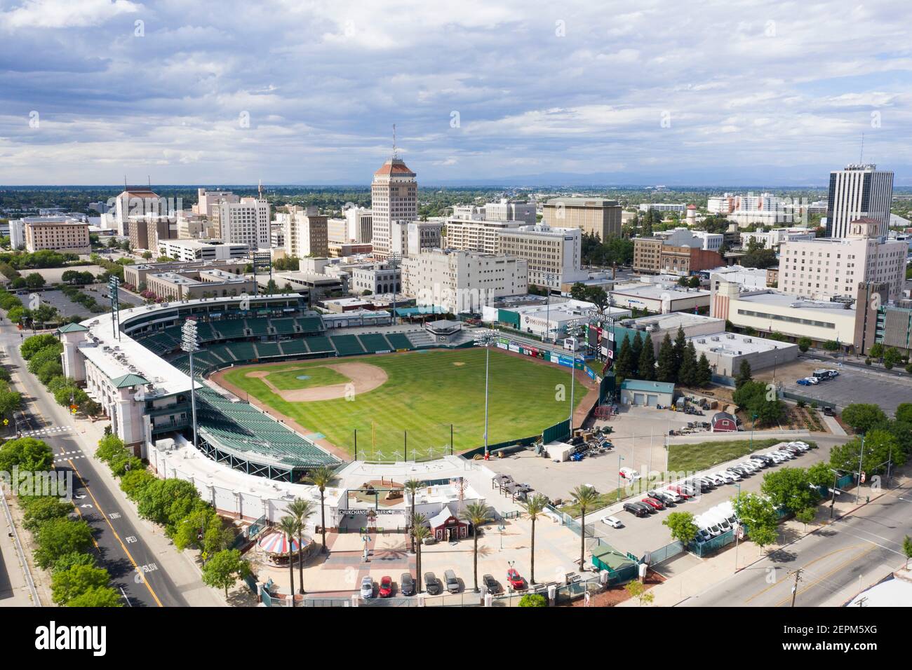 Aerial view of Chukchansi Park baseball stadium in downtown Fresno, home of the Grizzlies team Stock Photo