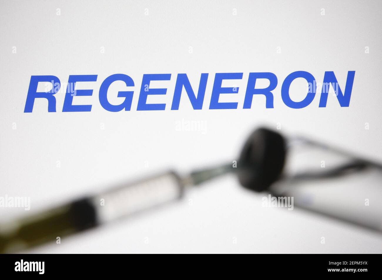In this photo illustration a Regeneron Pharmaceuticals logo of a US ...