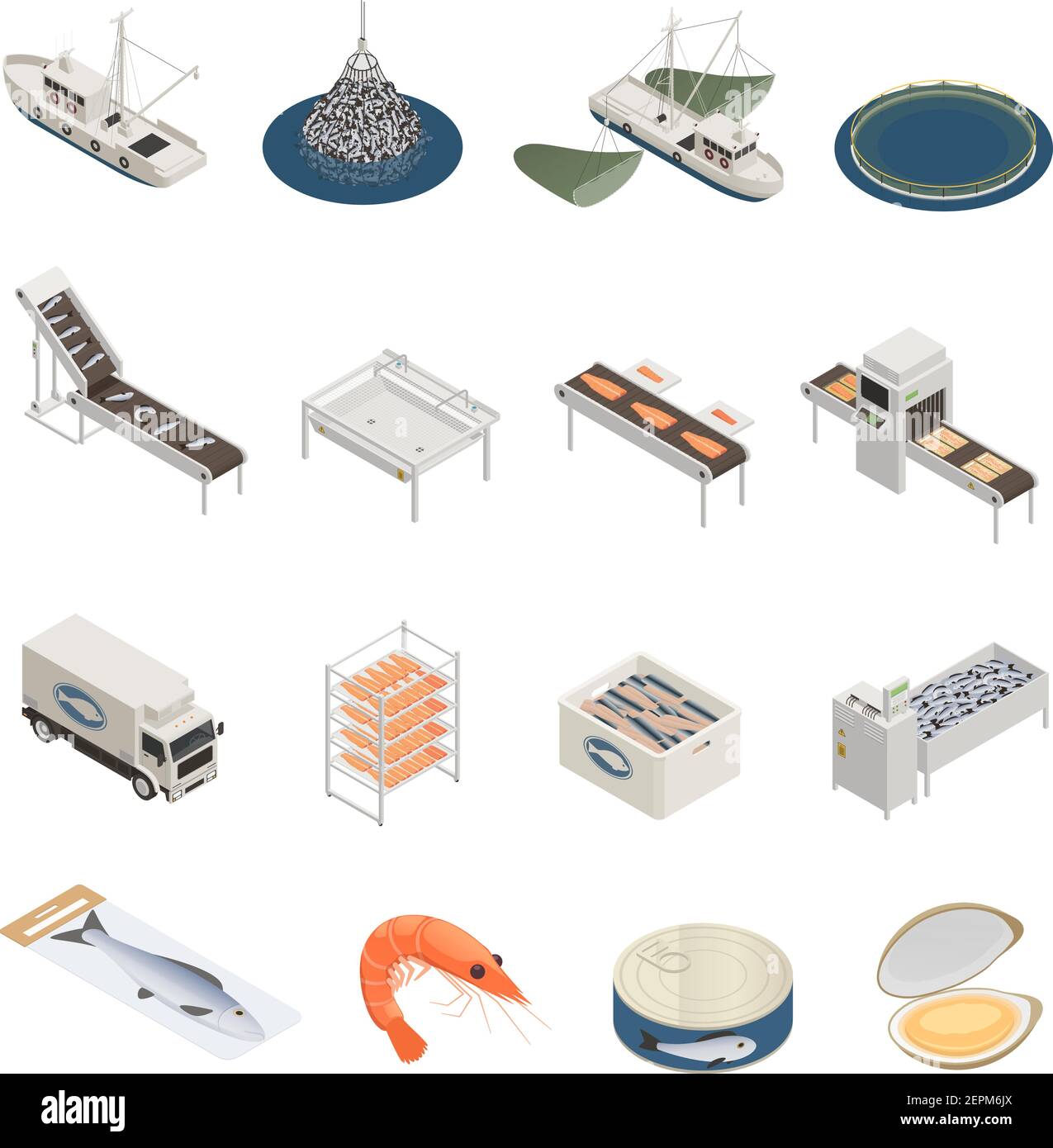 Fish industry seafood production isometric icons with pieces of industrial equipment vessels and ready marine products vector illustration Stock Vector