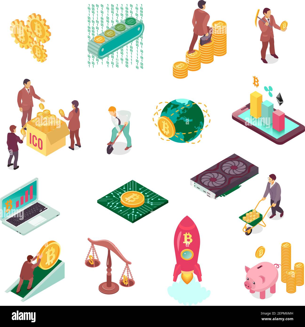 Cryptocurrency isometric icons set of hardware mining block chains ico ...