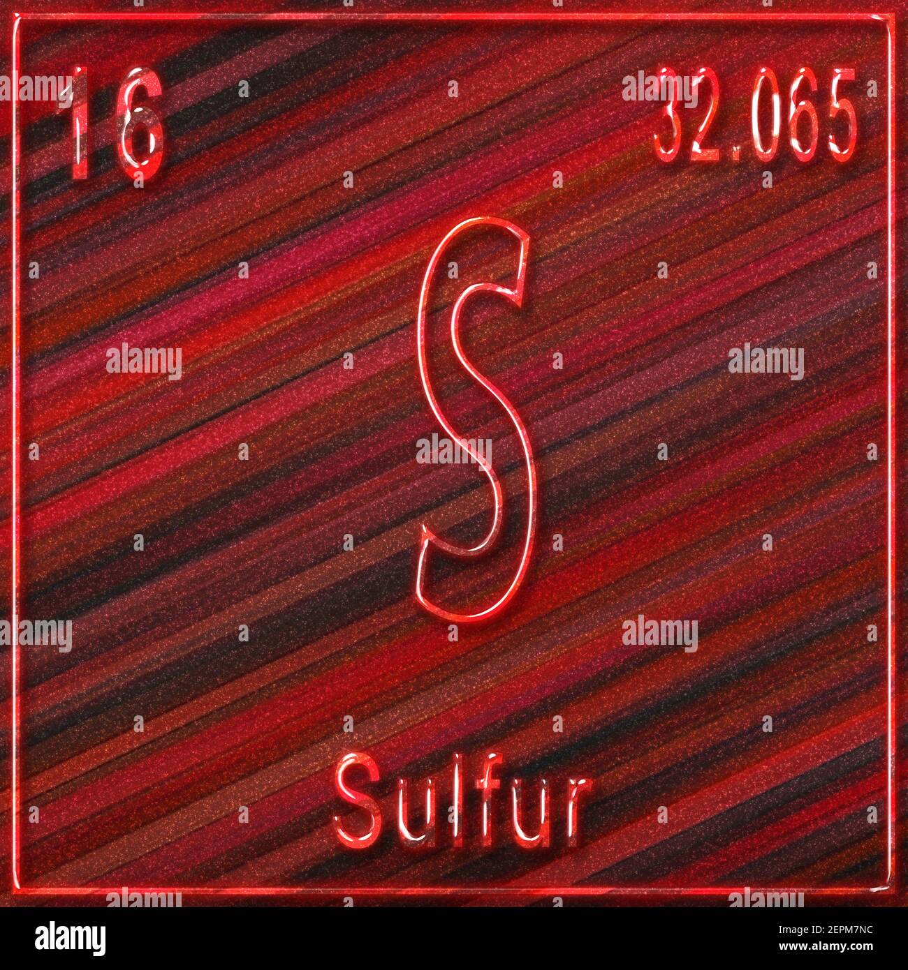 Sulfur chemical element, Sign with atomic number and atomic weight, Periodic Table Element Stock