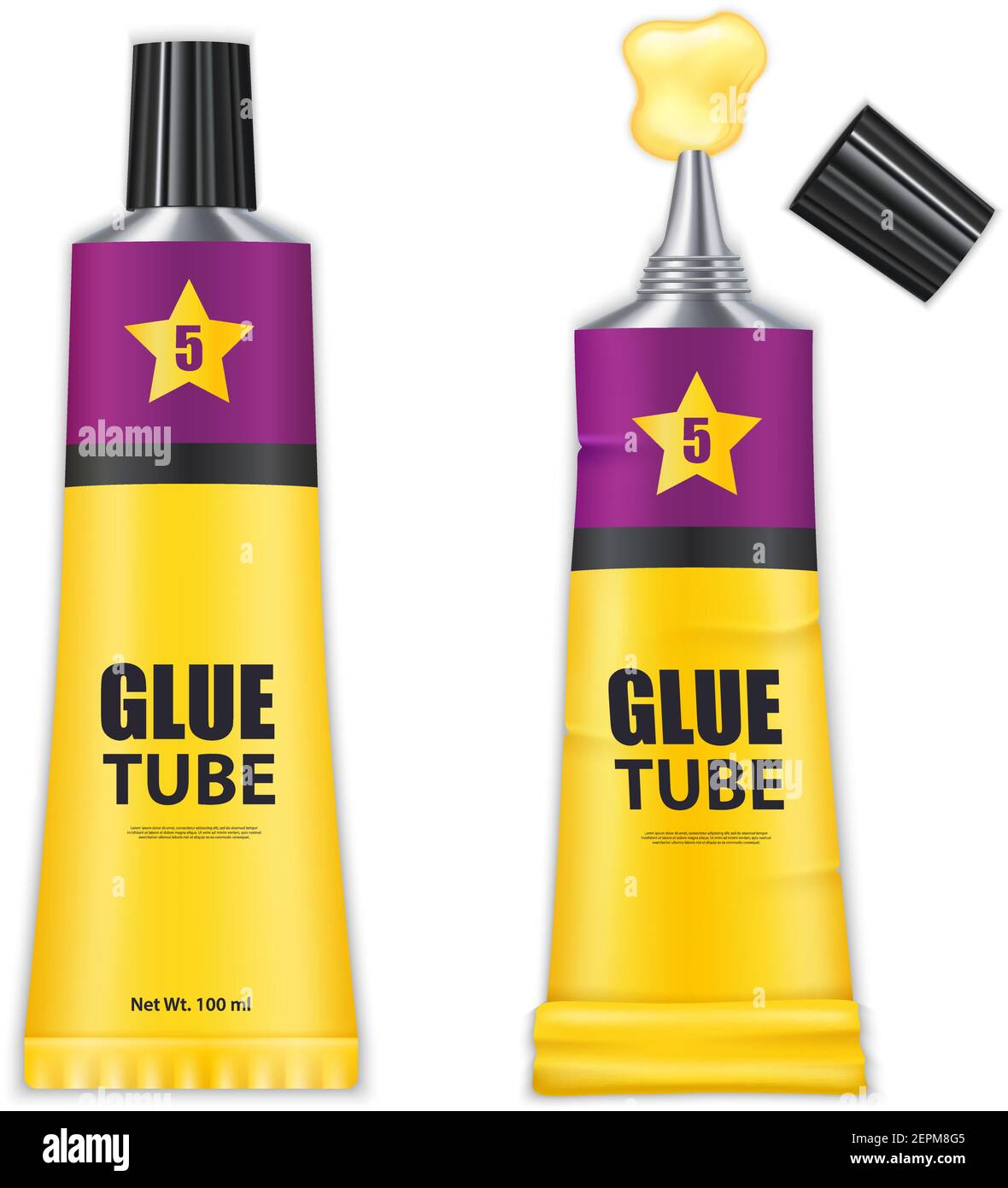 Two isolated realistic glue tubes in yellow and violet colors with opened and closed covers  vector illustration Stock Vector