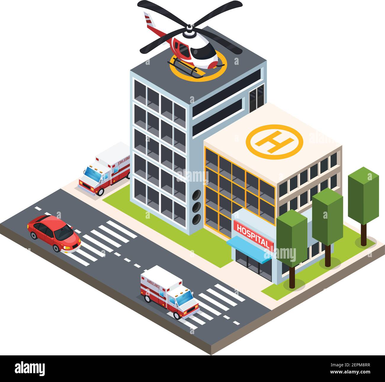 Emergency isometric composition with helicopter on roof of hospital ...