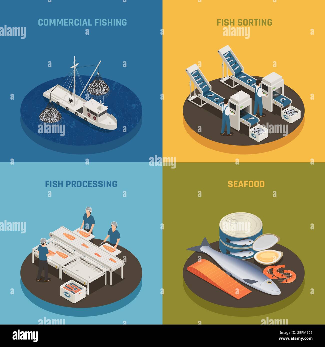 Fish industry seafood production isometric 2x2 design concept with ...