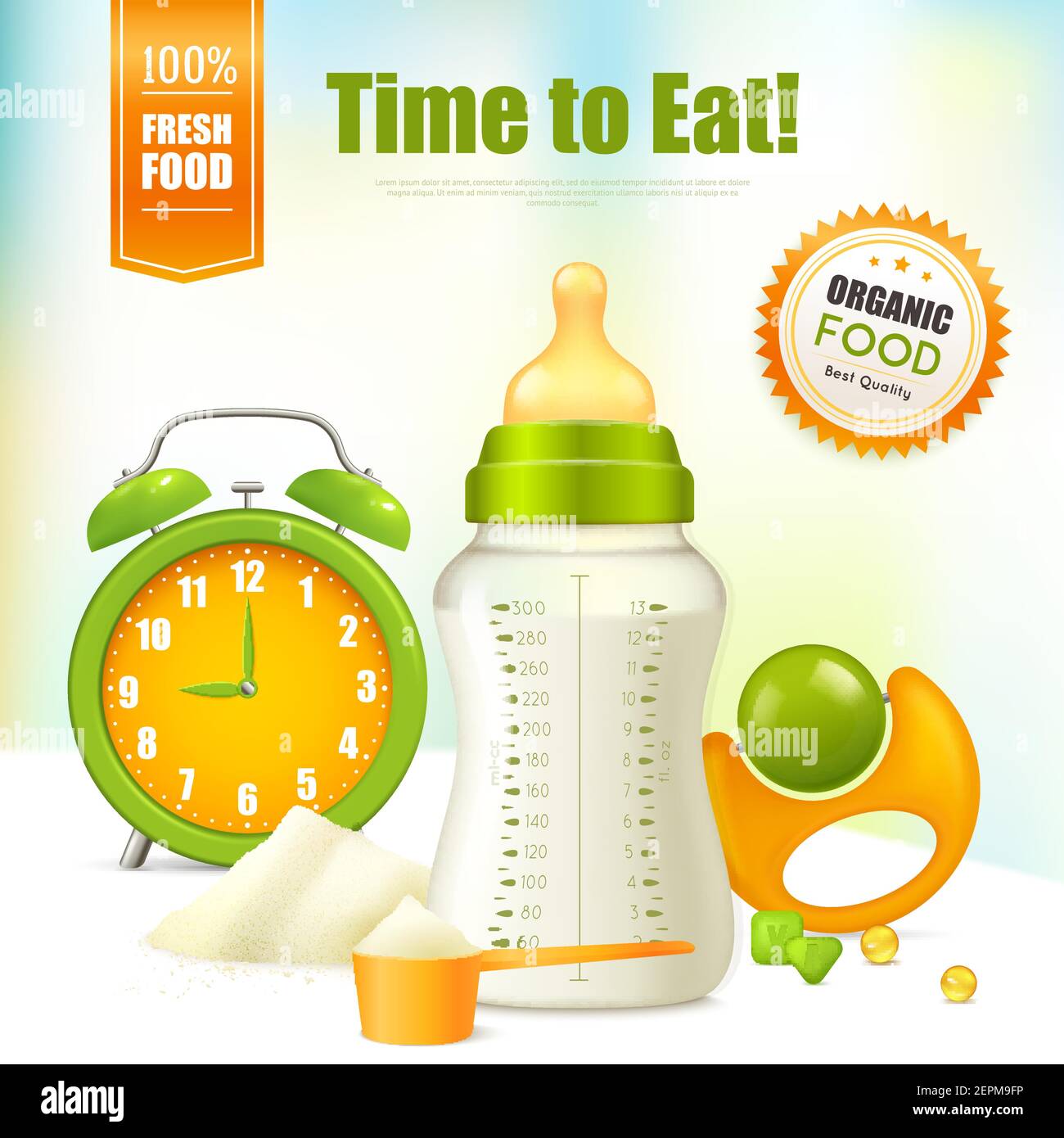 Organic food background with alarm clock rattle baby bottle for milk ...