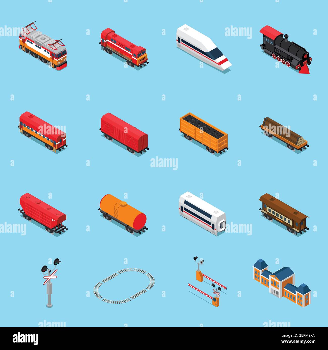 Isometric rail road elements including locomotives, passenger and freight wagons, traffic sign, station isolated vector illustration Stock Vector