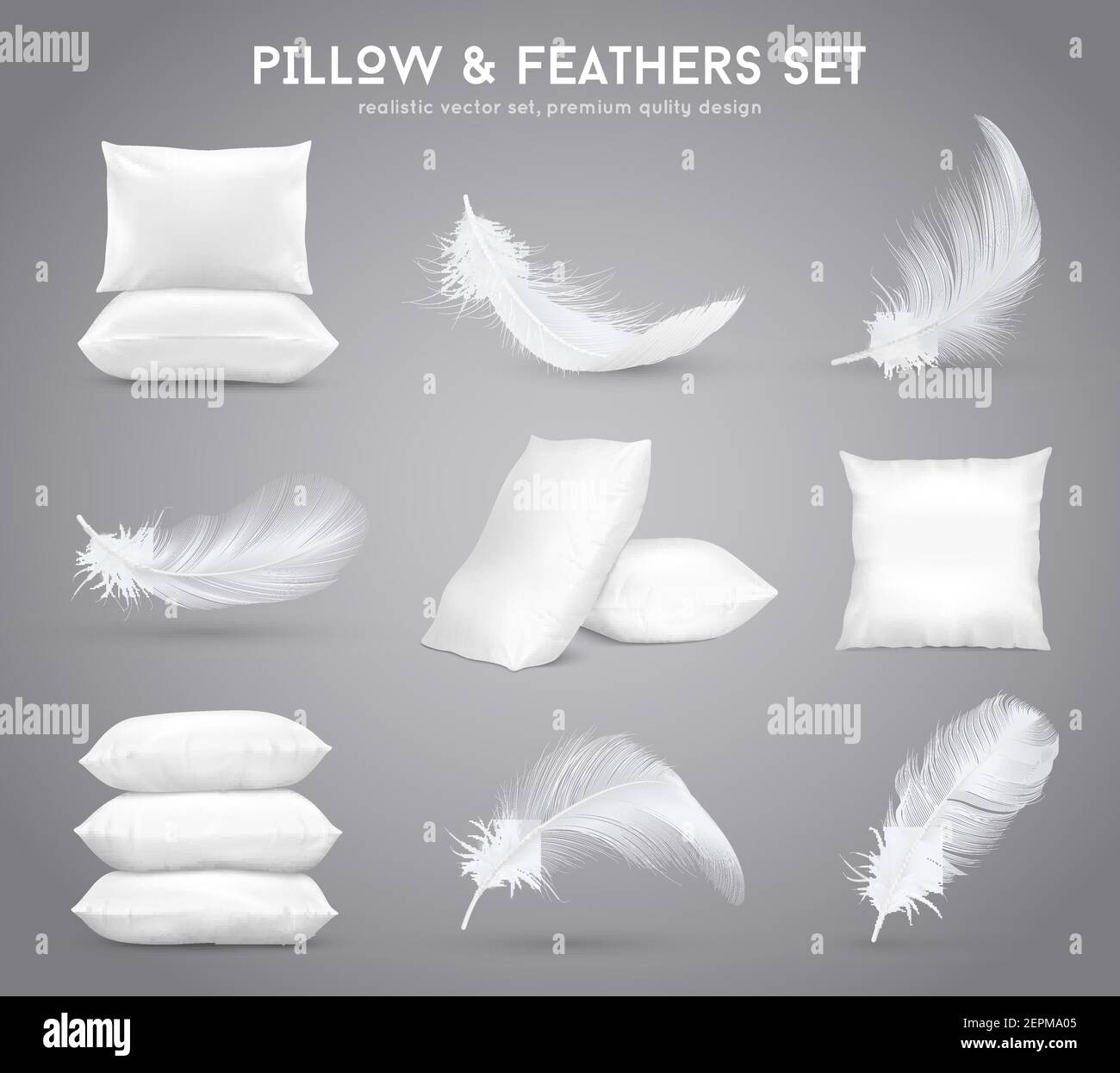 Fluffy feathers and white pillows isolated set in realistic style