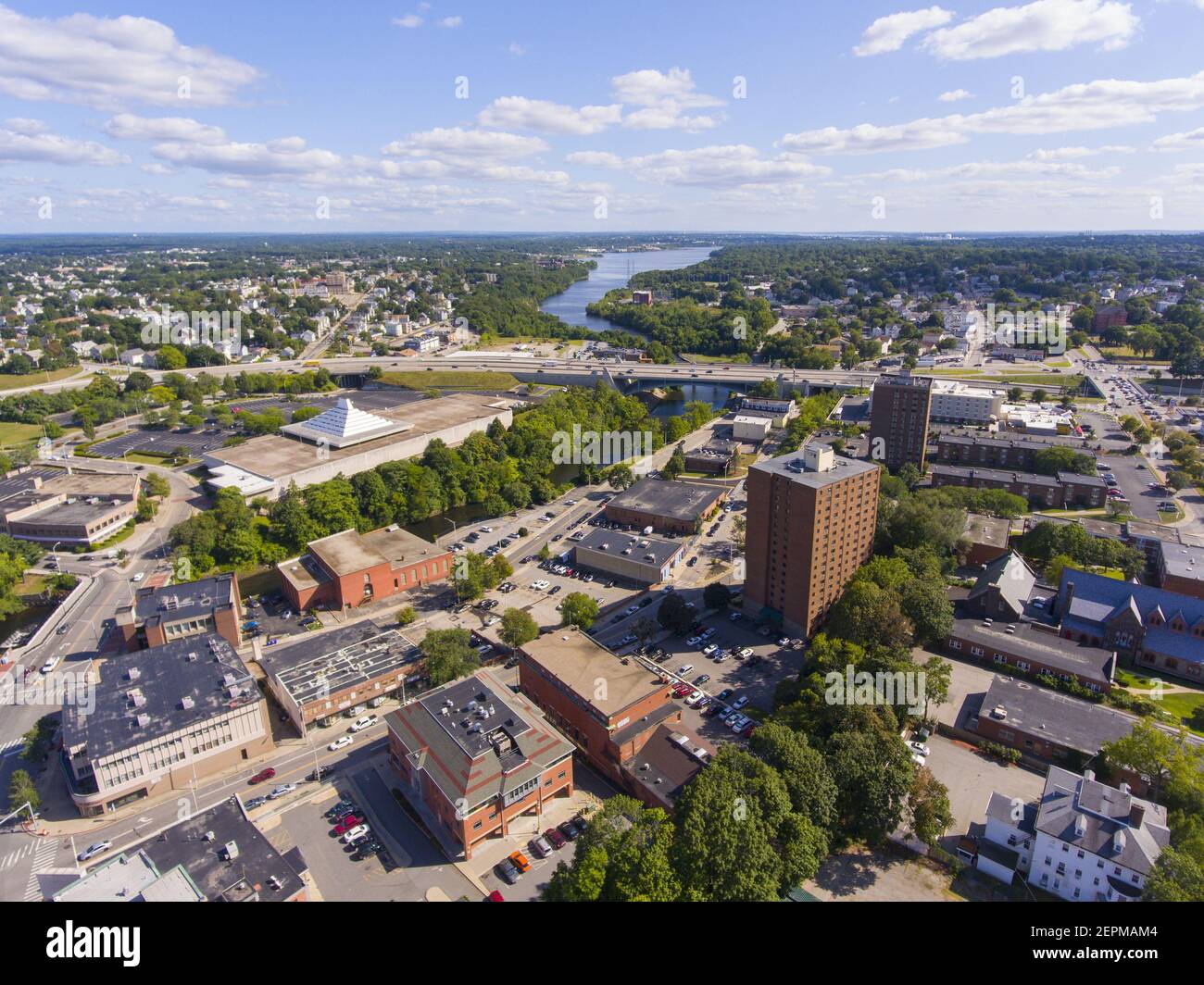 Pawtucket historic city center and Blackstone River aerial view
