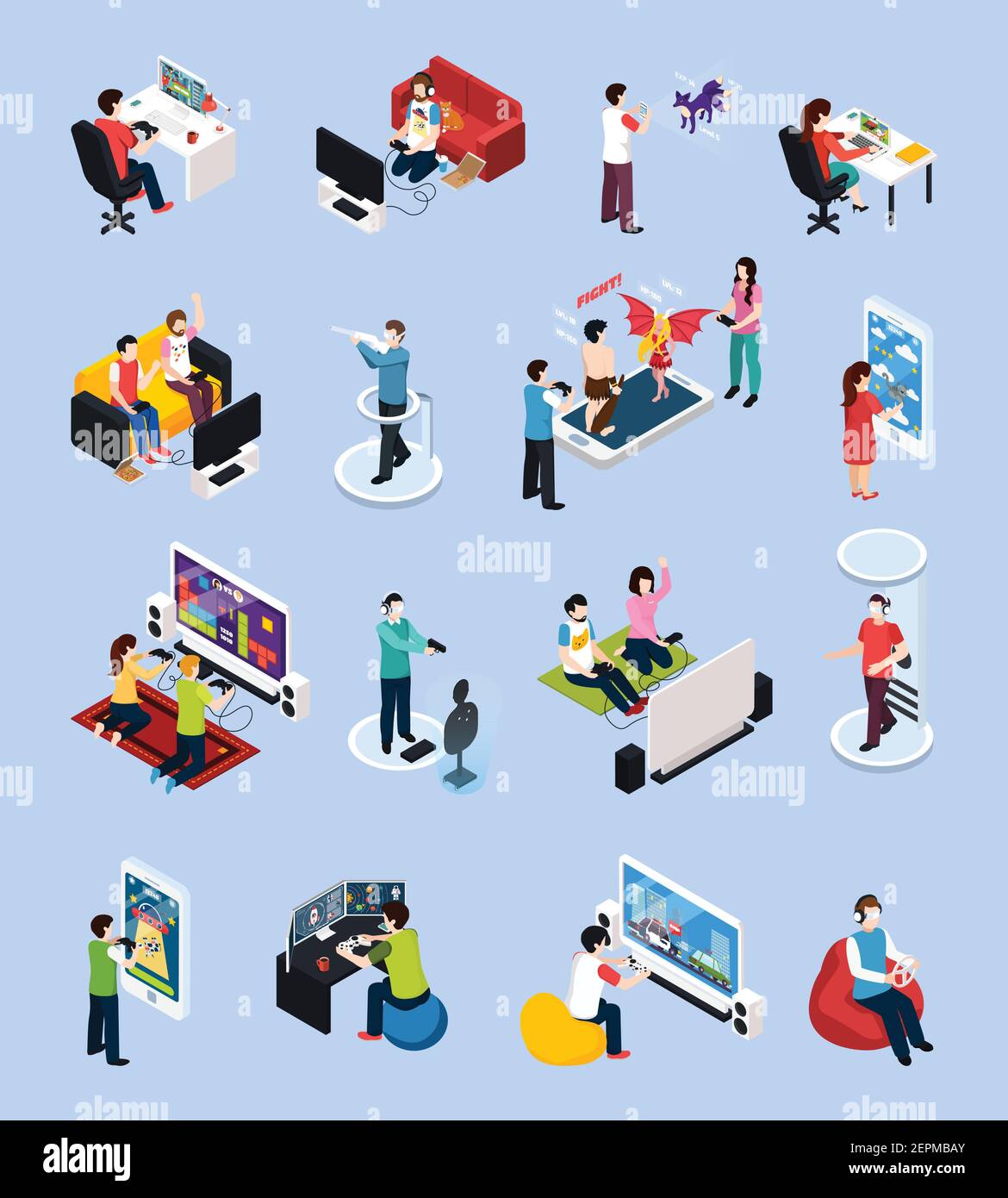 Set of isometric gamers with controllers near monitors and with mobile devices, isolated vector illustration Stock Vector