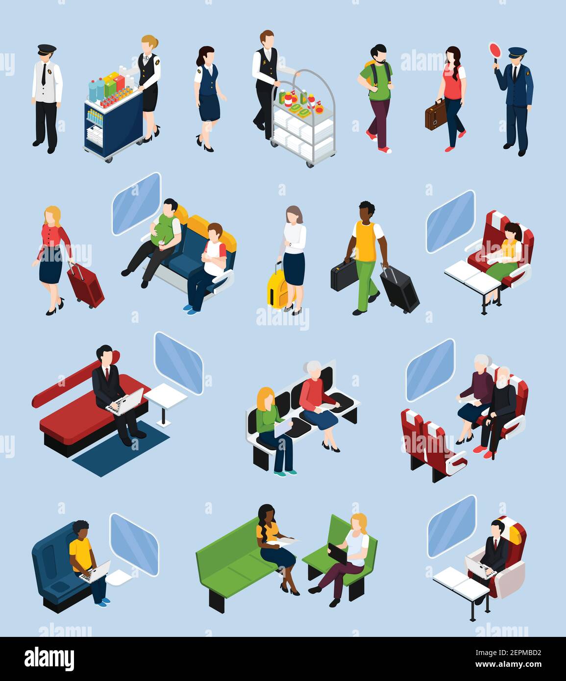Set of isometric icons with passengers and crew, train interior ...