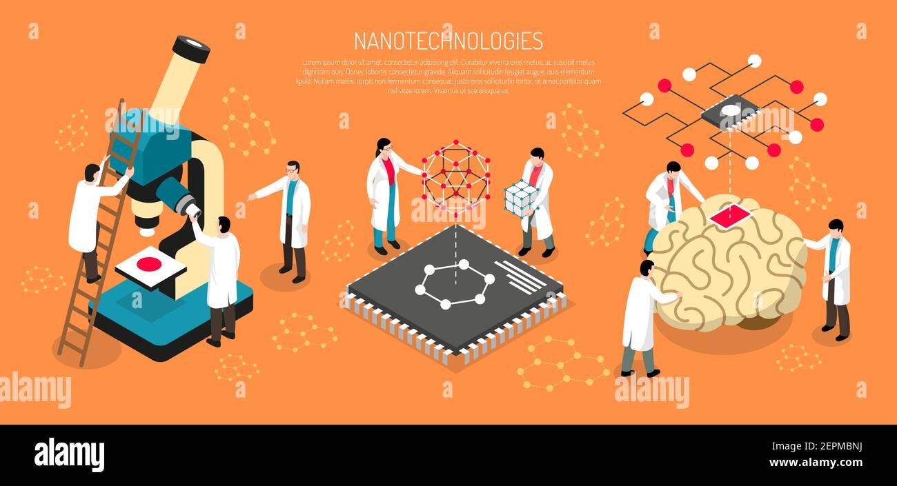 Nano technologies isometric composition on orange background with scientists, human brain with micro chip horizontal vector illustration Stock Vector