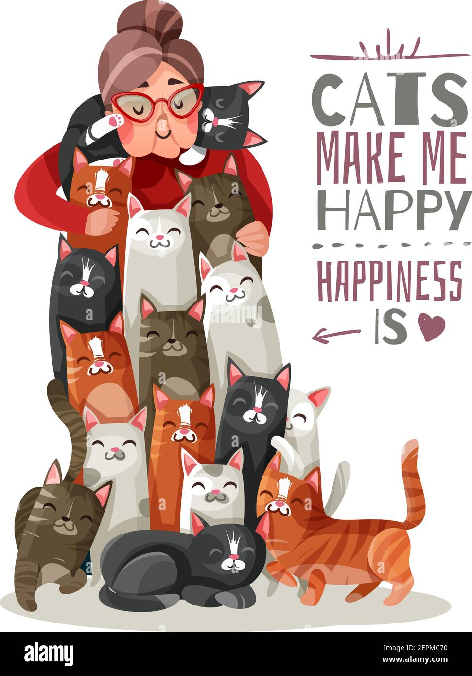 Lonely old lady hugs smiling cats, phrase about happiness and domestic  animals vector illustration Stock Vector Image & Art - Alamy