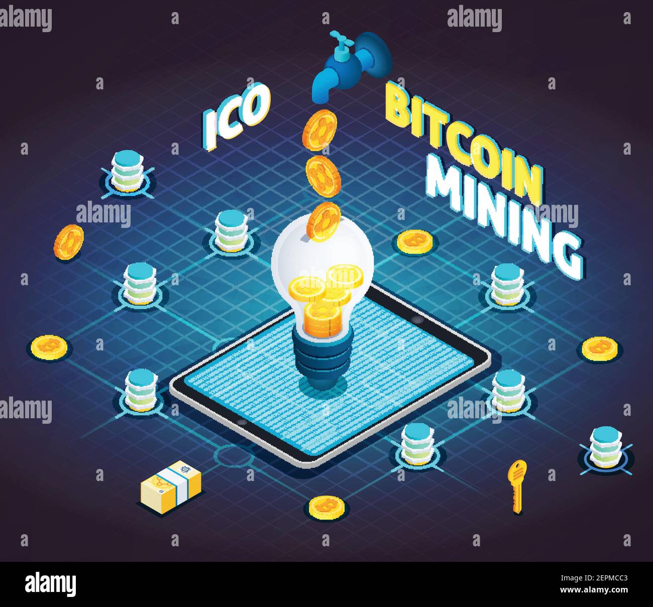 Cryptocurrency block chain mining isometric flowchart with initial coin  offering light bulb on tablet screen vector illustration Stock Vector Image  & Art - Alamy