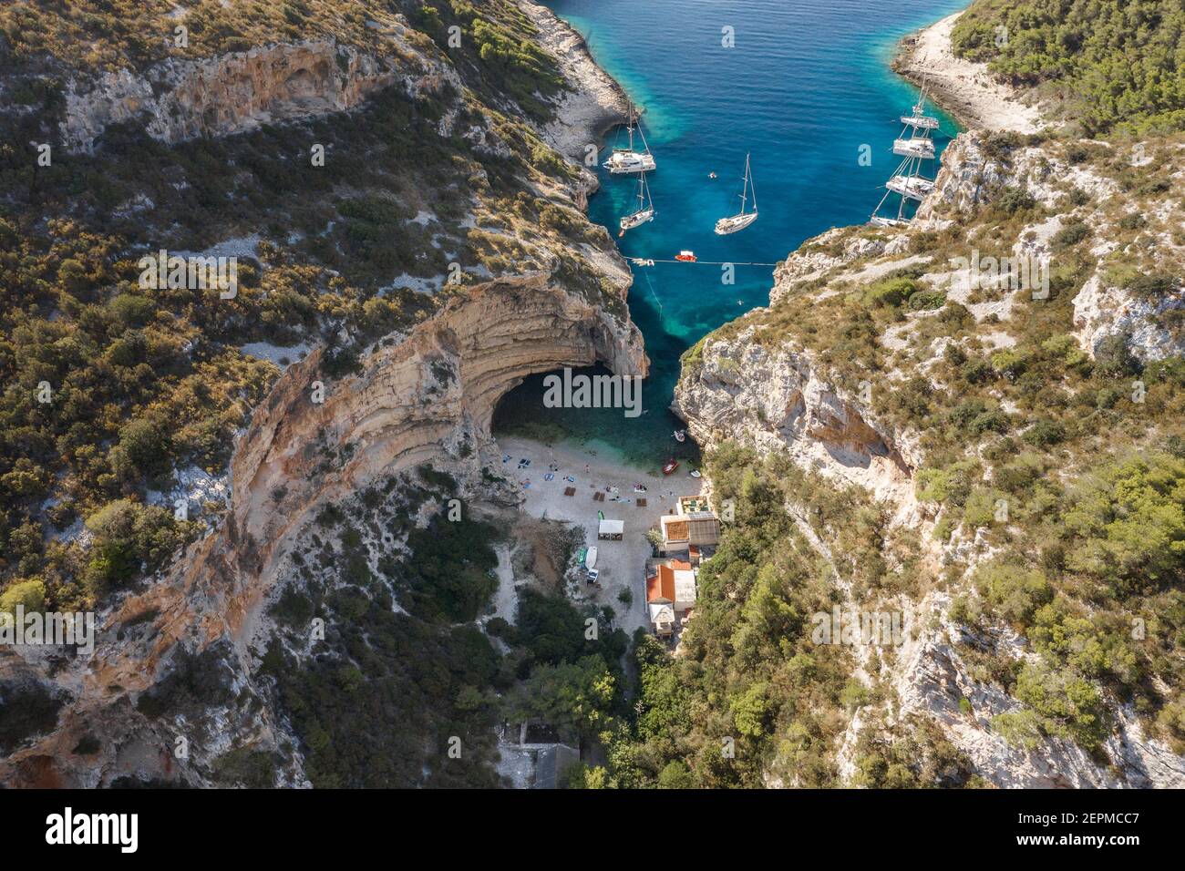 Aerial drone shot of Stiniva cove beach of Adriatic sea on Vis Island