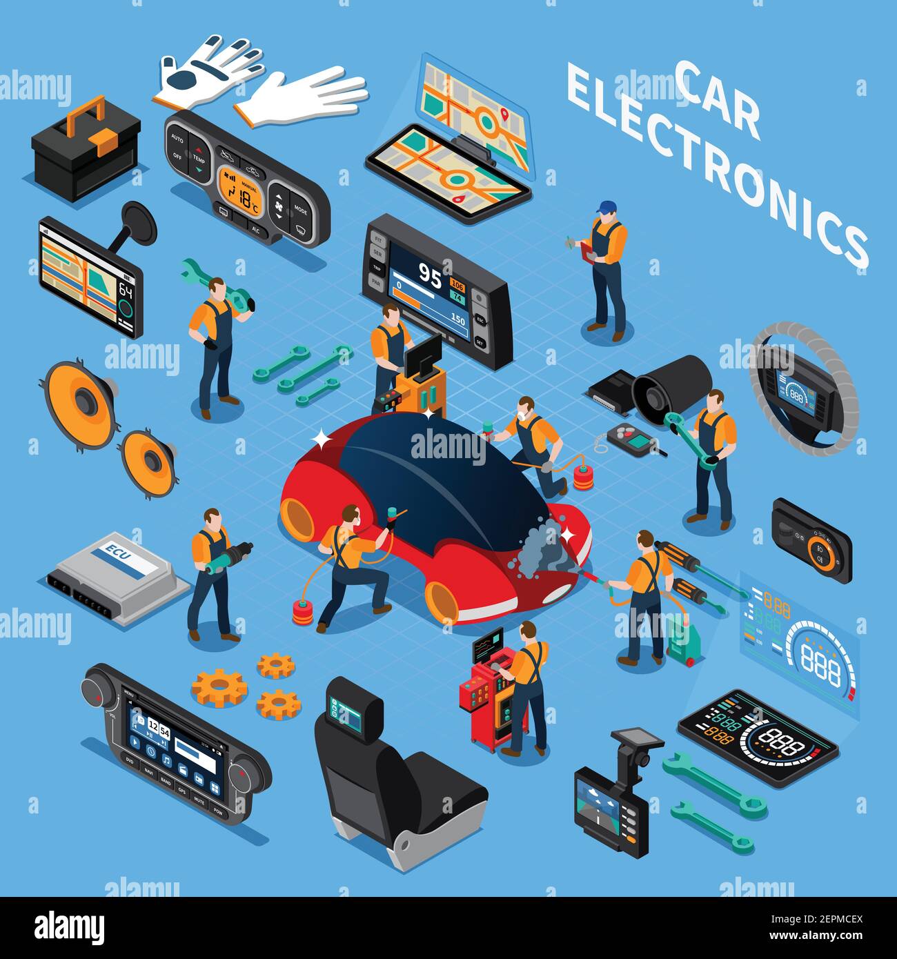 Car electronics and service concept with air conditioning and stereo symbols on blue background isometric vector illustration Stock Vector