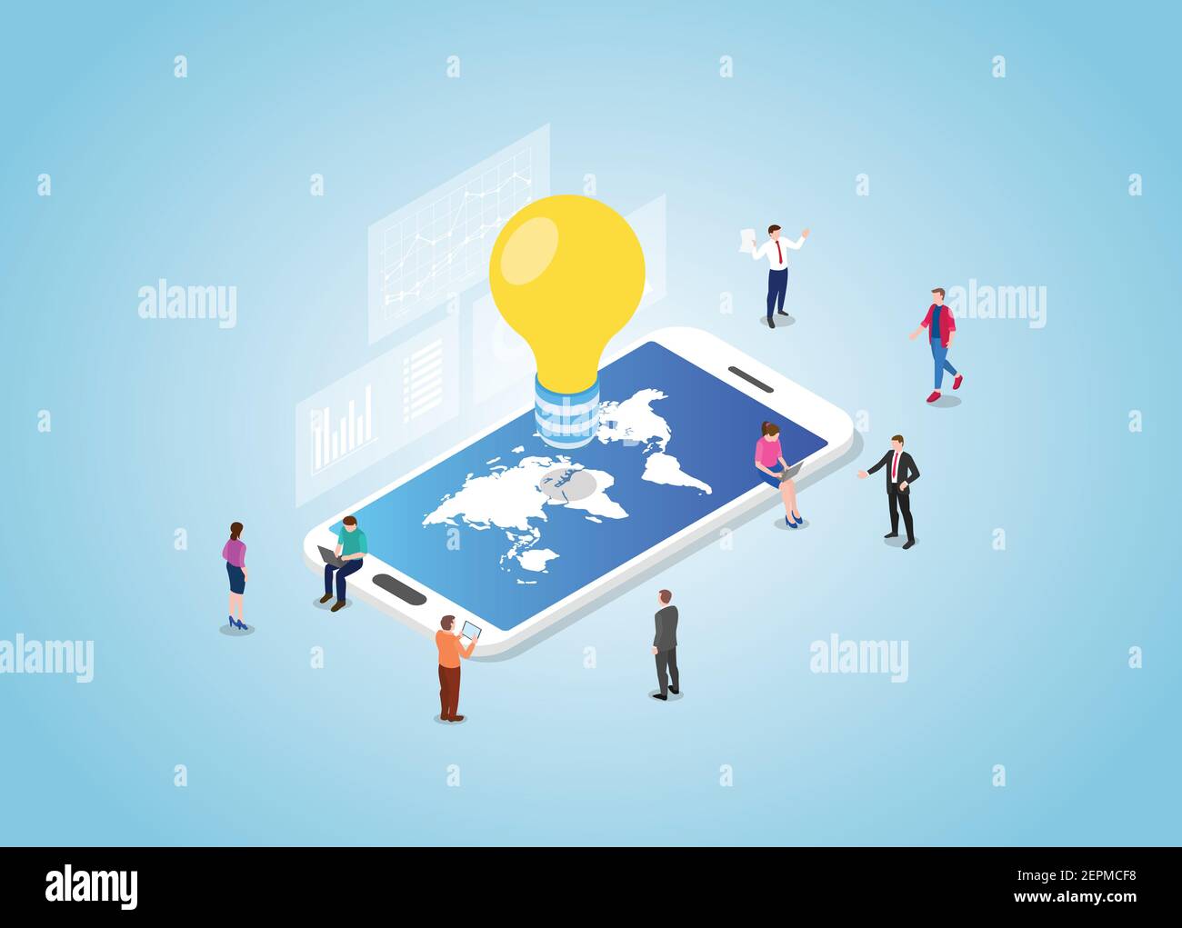 global idea concept on smartphone with world maps with modern isometric ...