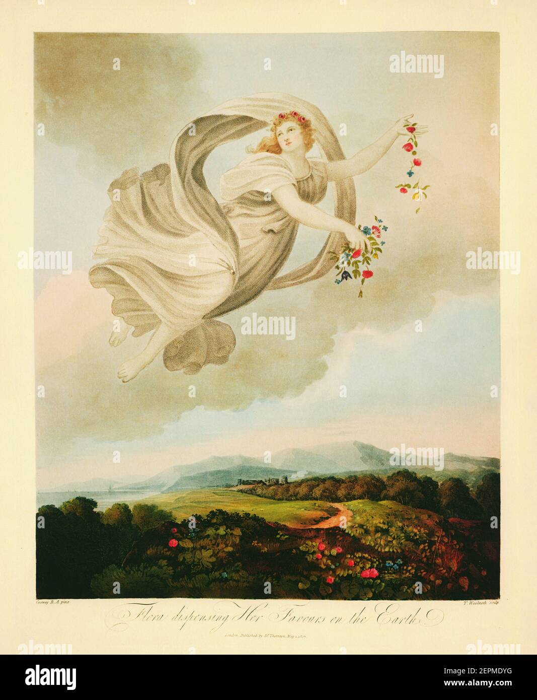 Godess Flora Dispensing Her Favours on the Earth. Published by Robert John Thornton (1768-1837), an English physician and botanical writer. Stock Photo