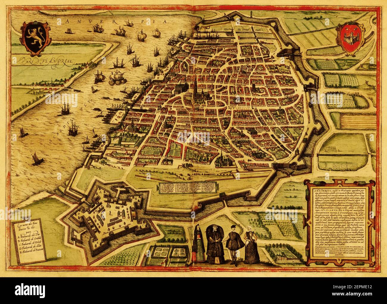 Historic map of the town of Antwerpen, Belgium. Published in the first Latin edition of Braun and Hogenberg's Civitates Orbis Terrarum in 1572. Stock Photo