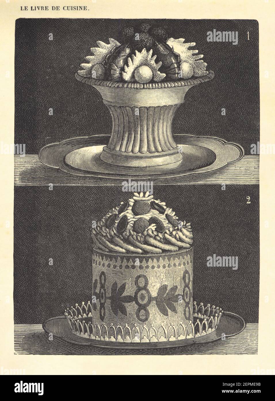 Antique illustration of classic French recipes - Pate chaud a la financiere (1) and Timbale milanaise (2). Published in Le livre de cuisine, par Jules Stock Photo