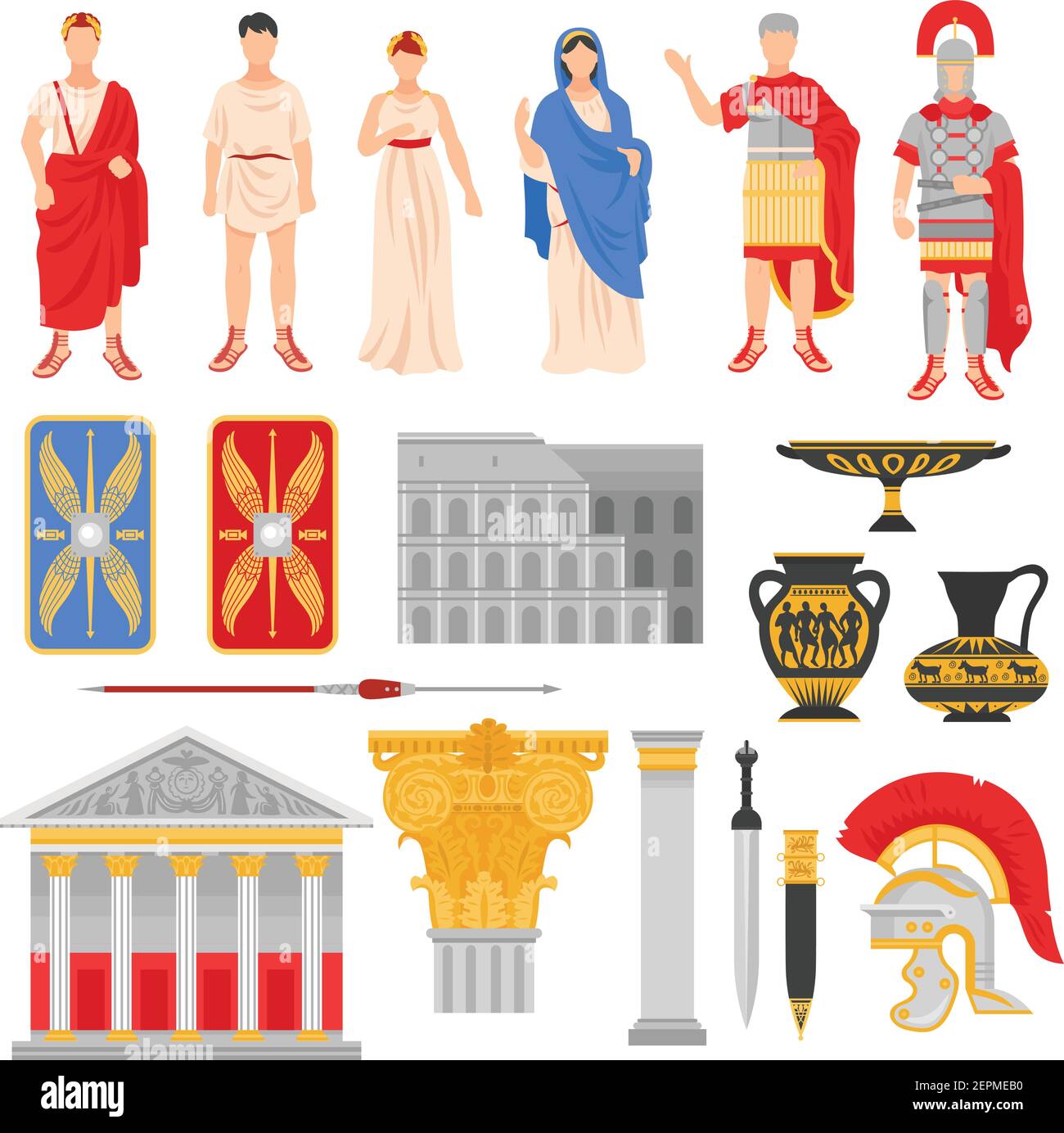 Ancient rome empire set of isolated flat images with pantheons legionnaire outfit weapons and human characters vector illustration Stock Vector