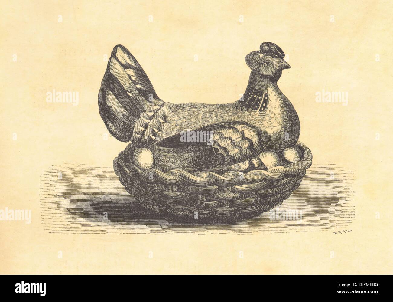 Antique illustration of a decorative bowl for eggs. Published in Le livre de cuisine, par Jules Goufe, Librarie Hachette et Cie (Paris, 1874). Stock Photo