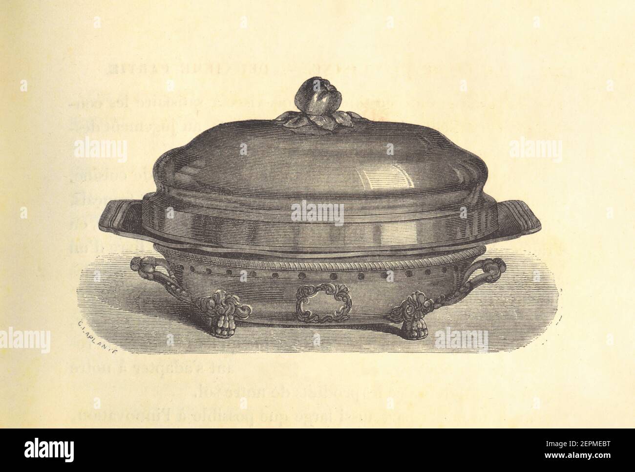 Antique illustration of an early portable stove. Published in Le livre de cuisine, par Jules Goufe, Librarie Hachette et Cie (Paris, 1874). Stock Photo