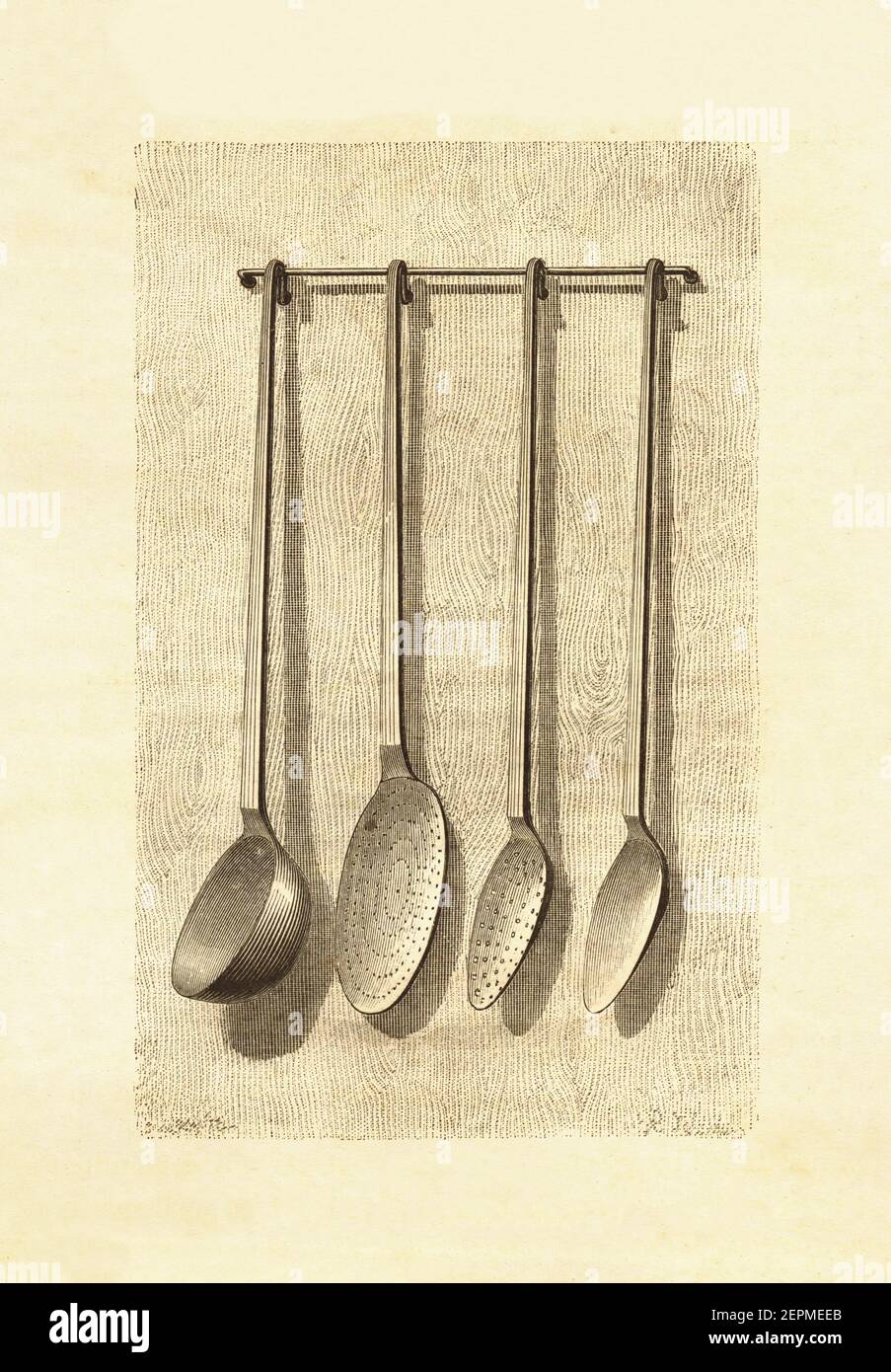 Antique illustration French kitchen utensils /ladles. Published in Le livre de cuisine, par