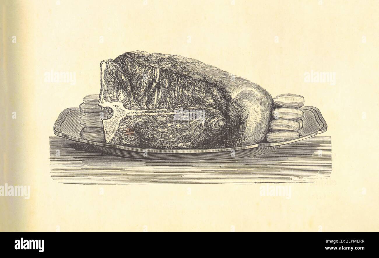 Antique illustration of roast beef. Published in Le livre de cuisine, par Jules Goufe, Librarie Hachette et Cie (Paris, 1874). Stock Photo