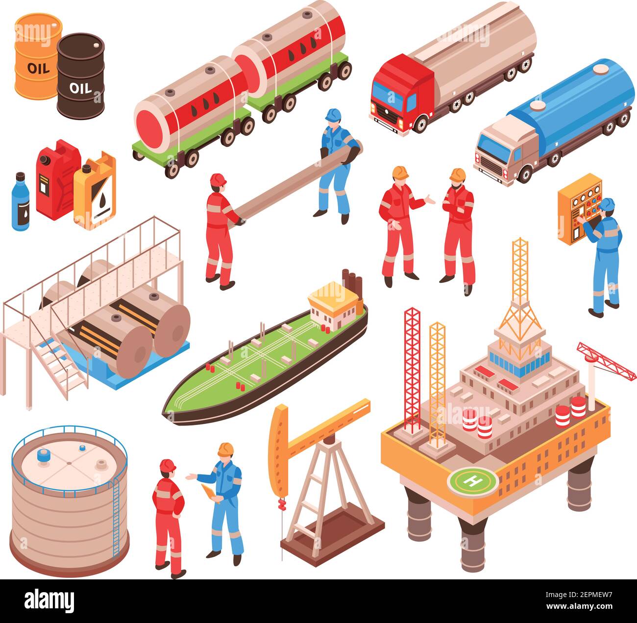 Oil gas industry isometric icons set with offshore drilling platform rail tank car truck vessel isolated vector illustration Stock Vector