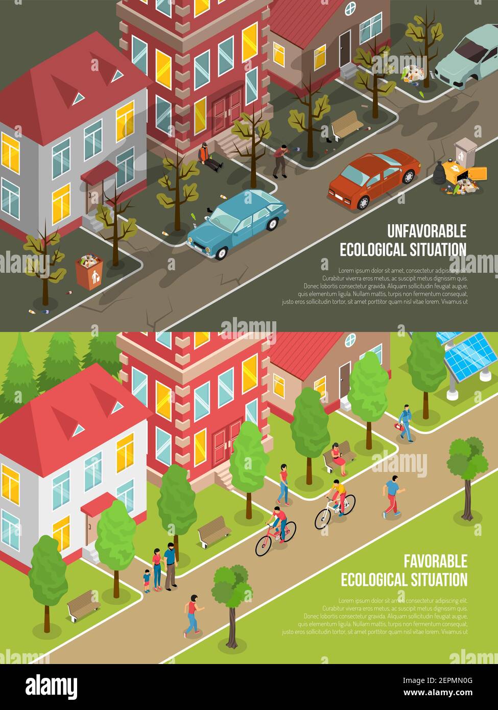 Environmental situation isometric scenes with eco friendly city and polluted town with dry trees isolated vector illustration Stock Vector