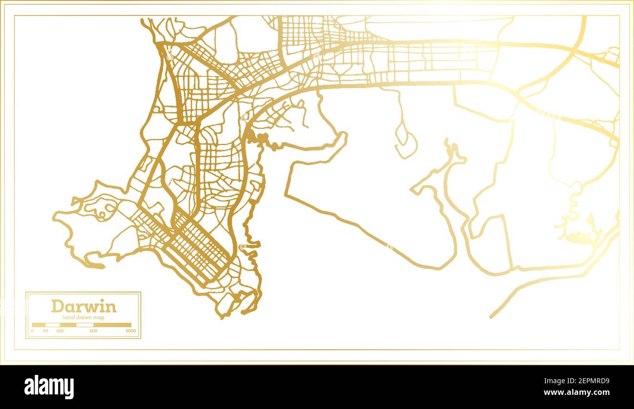 Darwin Australia City Map in Retro Style in Golden Color. Outline Map. Vector Illustration. Stock Vector