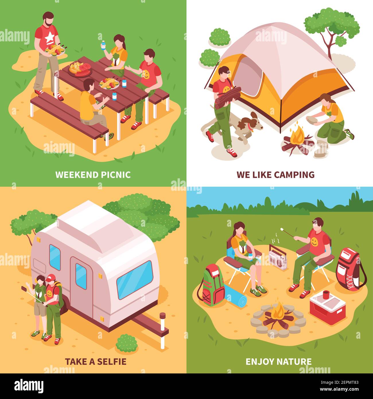 Expedition 4 isometric icons square concept with camping tent caravan ...