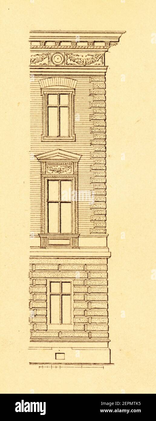 19th-century illustration depicting facade of a house, designed by Frederic Schachner (1870). Engraving published in Vergleichende Architektonische Fo Stock Photo